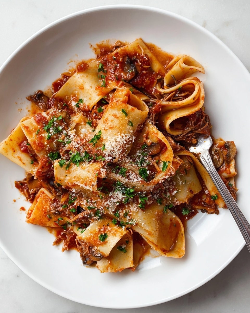 A white plate holds a serving of wide, flat pasta ribbons mixed with a rich reddish-brown sauce that contains shredded dark meat pieces and small tomato chunks. The pasta is loosely layered and folded, with some edges curling upward. On top, there is a sprinkle of pale grated cheese and chopped green herbs scattered mainly on the left side. A silver fork is holding a small twirl of pasta from the right side of the plate. The whole dish sits on a white marbled surface. photo taken with an iphone --ar 4:5 --v 7