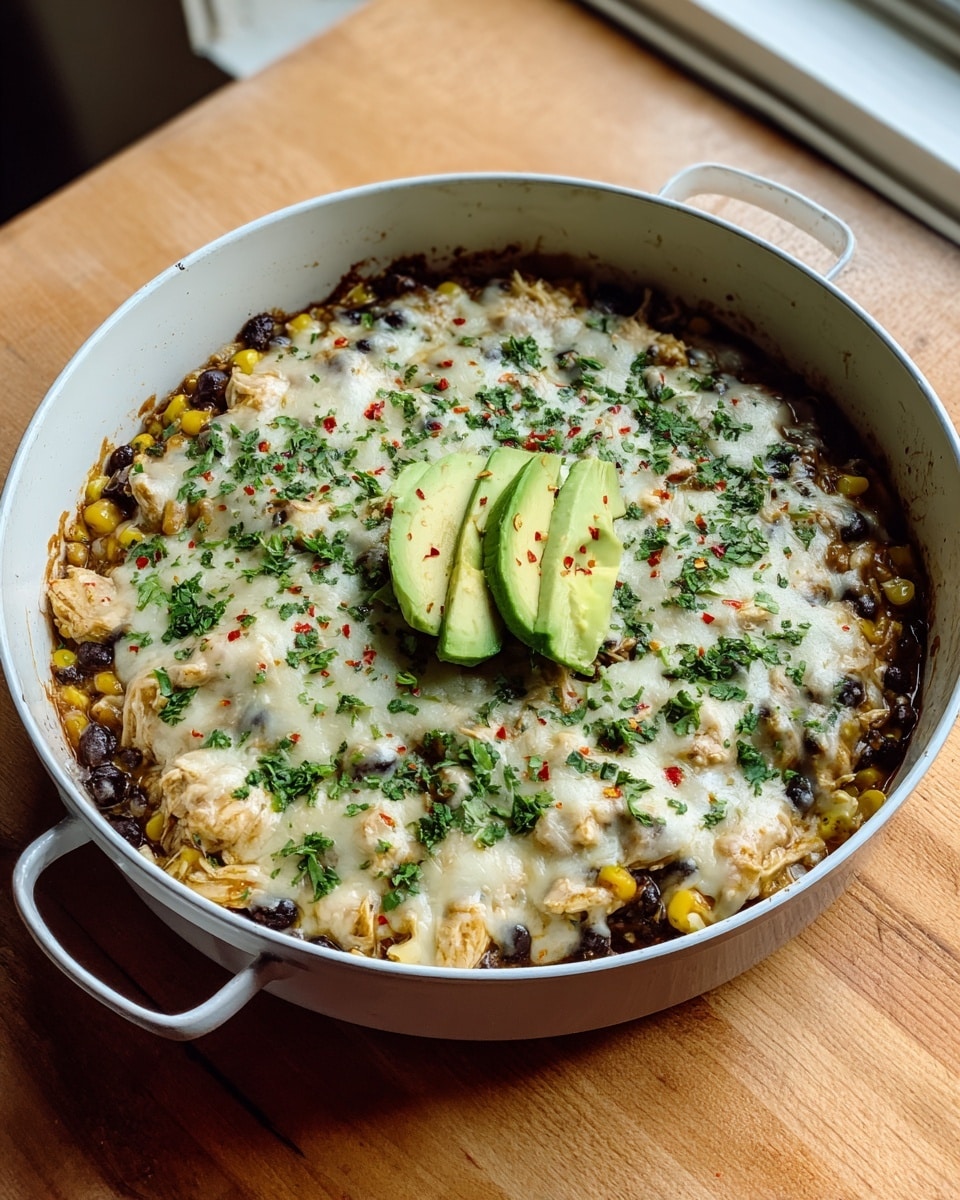 The image shows a white pan filled with a layered dish. The bottom layer looks like shredded chicken mixed with black beans and yellow corn, creating a mix of light tan, black, and bright yellow colors. On top is a melted white cheese layer that covers most of the ingredients. Fresh green chopped cilantro is sprinkled on the cheese for color and freshness. Two slices of green avocado are placed near the center of the dish. There are also small drops of red chili flakes scattered on top. The pan is on a wooden surface beside a white cloth and a small white bowl of extra cilantro, all set against a white marbled surface near a window. photo taken with an iphone --ar 4:5 --v 7