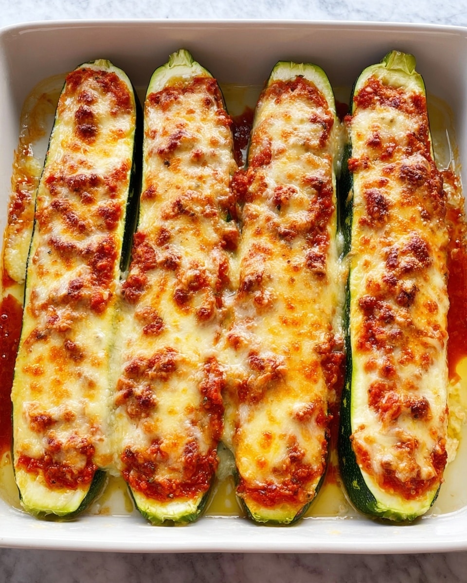 The image shows six long zucchini halves neatly placed in a white baking dish on a white marbled surface. Each zucchini half is topped with a thick layer of orange-red tomato sauce mixed with small bits of filling, and melted golden-brown cheese evenly spread on top, slightly browned from baking. The zucchinis' green skin lines the edges, while the soft, cooked inner flesh is hidden under the sauce and cheese. The texture of the cheese is smooth with a few bubbly spots, creating a crunchy look on top. photo taken with an iphone --ar 4:5 --v 7