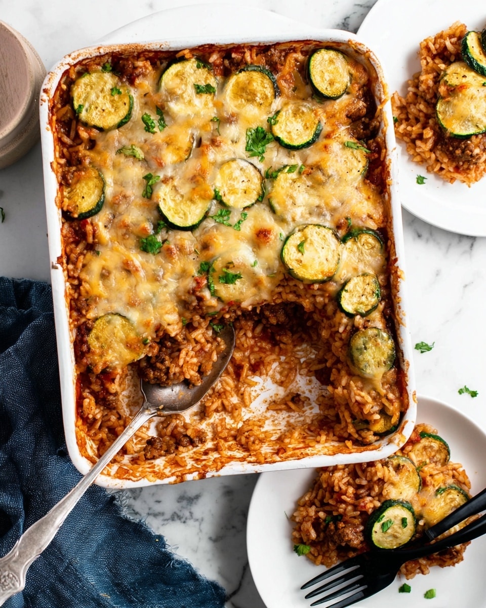A clear glass baking dish shows a baked casserole with many layers. The bottom layer is a mix of browned ground meat and chopped tomatoes with a reddish tint. Above this, thick slices of green zucchini are spread evenly, adding a fresh texture. The top layer is melted white cheese, creamy and softly bubbling, covering the dish unevenly and blending into the other layers. The dish sits on a light brown woven mat on a white marbled surface. Photo taken with an iphone --ar 4:5 --v 7