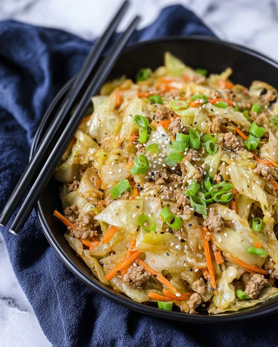 The image shows a close-up of a spoonful of cooked stir-fried vegetables and ground meat held by black chopsticks, held by a woman's hand. The spoonful has three main layers: light cooked cabbage pieces with a soft, slightly oily look; thin, bright orange carrot sticks; and small chunks of light brown cooked ground meat. There are also small green onion slices mixed in, adding a fresh green color. The background shows more of the same mixture in a white bowl, all placed on a white marbled surface. Photo taken with an iphone --ar 4:5 --v 7