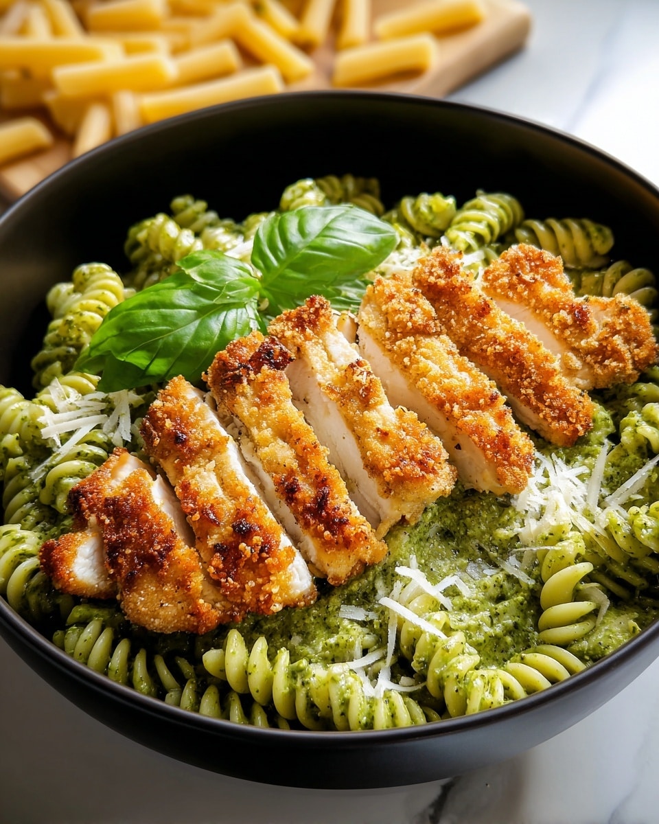 A round black bowl holds a dish with two main layers. The bottom layer is spiraled pasta coated in a bright green pesto sauce, arranged evenly around the bowl. On top of the pasta is a layer of sliced golden-brown crispy seasoned chicken arranged closely in a line in the center. A sprinkling of finely grated light yellow cheese covers part of the chicken. A fresh green basil leaf sits on top for garnish. The bowl is placed on a white marbled surface. Photo taken with an iphone --ar 4:5 --v 7