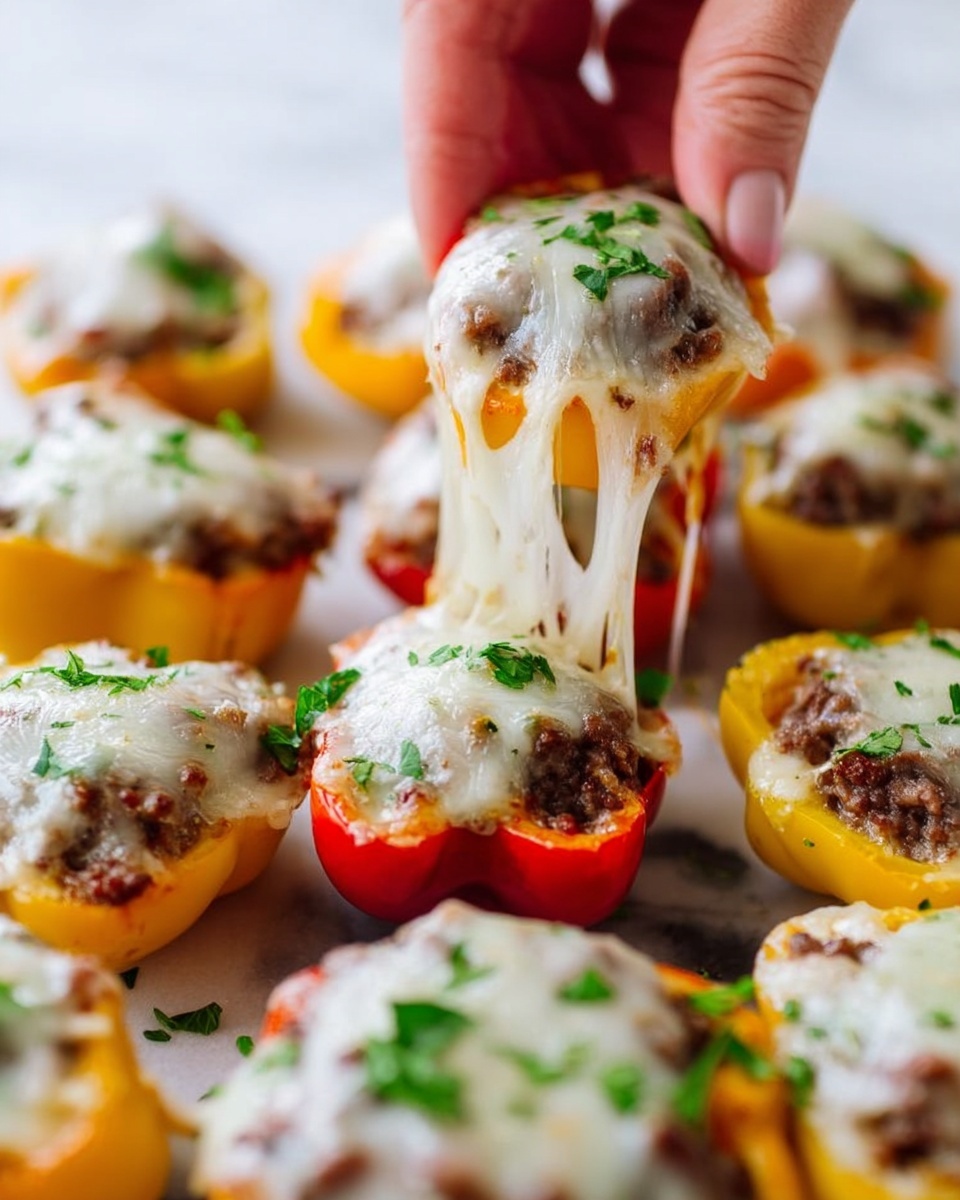 The image shows a white plate filled with colorful mini peppers cut in half lengthwise, each topped with a layer of cooked ground meat, covered by melted white cheese that stretches slightly as a woman's hand lifts one pepper. The peppers are mostly red, orange, and yellow, creating a vibrant pattern, and fresh green parsley leaves are sprinkled over all the peppers for a touch of color and freshness. The white marbled surface underneath adds a clean and bright background to highlight the dish’s colors and textures. photo taken with an iphone --ar 4:5 --v 7