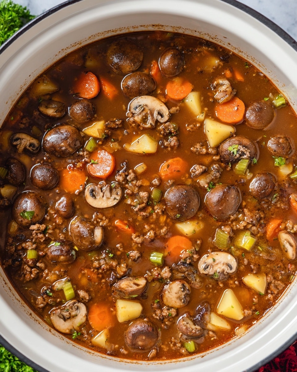 The image shows a white dish filled with a chunky stew. The stew has several layers: large whole mushrooms floating on top, bright orange carrot slices, small yellow potato pieces, and bits of browned ground meat all mixed in a rich, brown broth. The broth is clear enough to see the ingredients floating inside. The white dish rests on a surface with a white marbled texture visible around the edges. Photo taken with an iphone --ar 4:5 --v 7