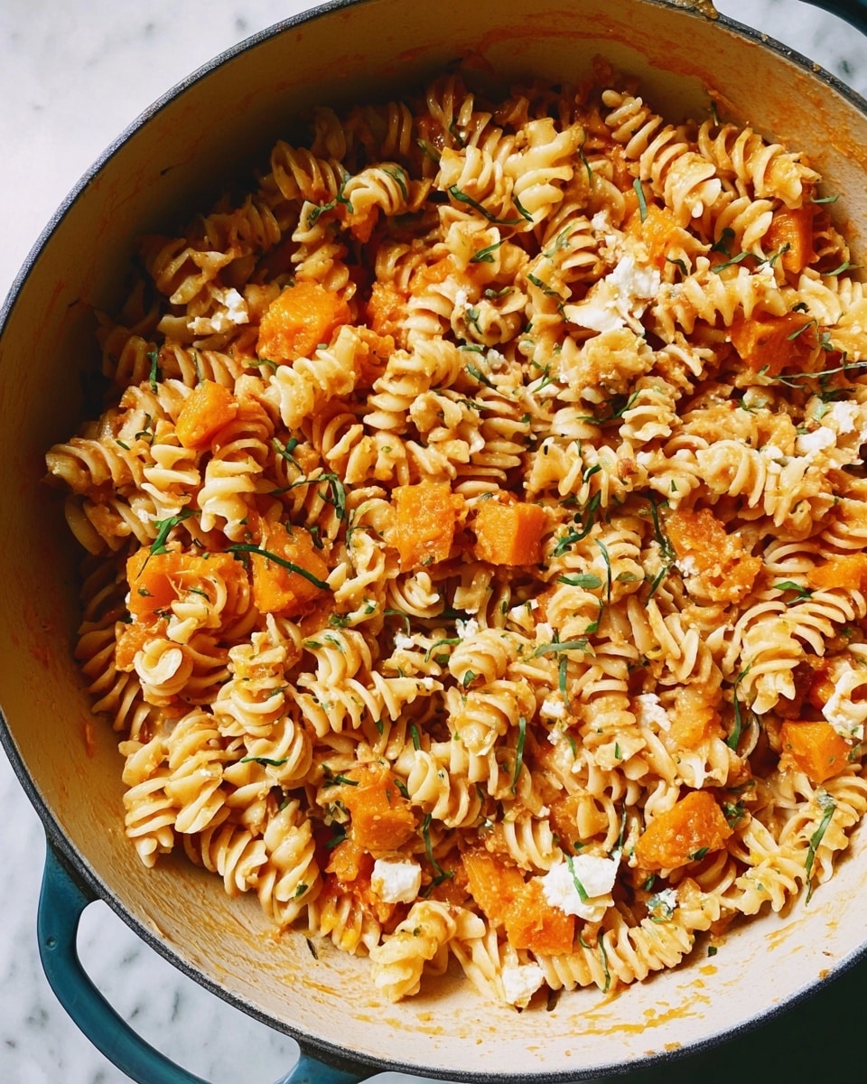 A big white pot filled with cooked spiral pasta mixed with bright orange chunks of squash or pumpkin and scattered bits of white cheese. Small green herb leaves are sprinkled on top, adding a touch of color. The pasta looks soft and mixed well with the ingredients, creating a textured and colorful dish. The pot rests on a white marbled surface. Photo taken with an iphone --ar 4:5 --v 7