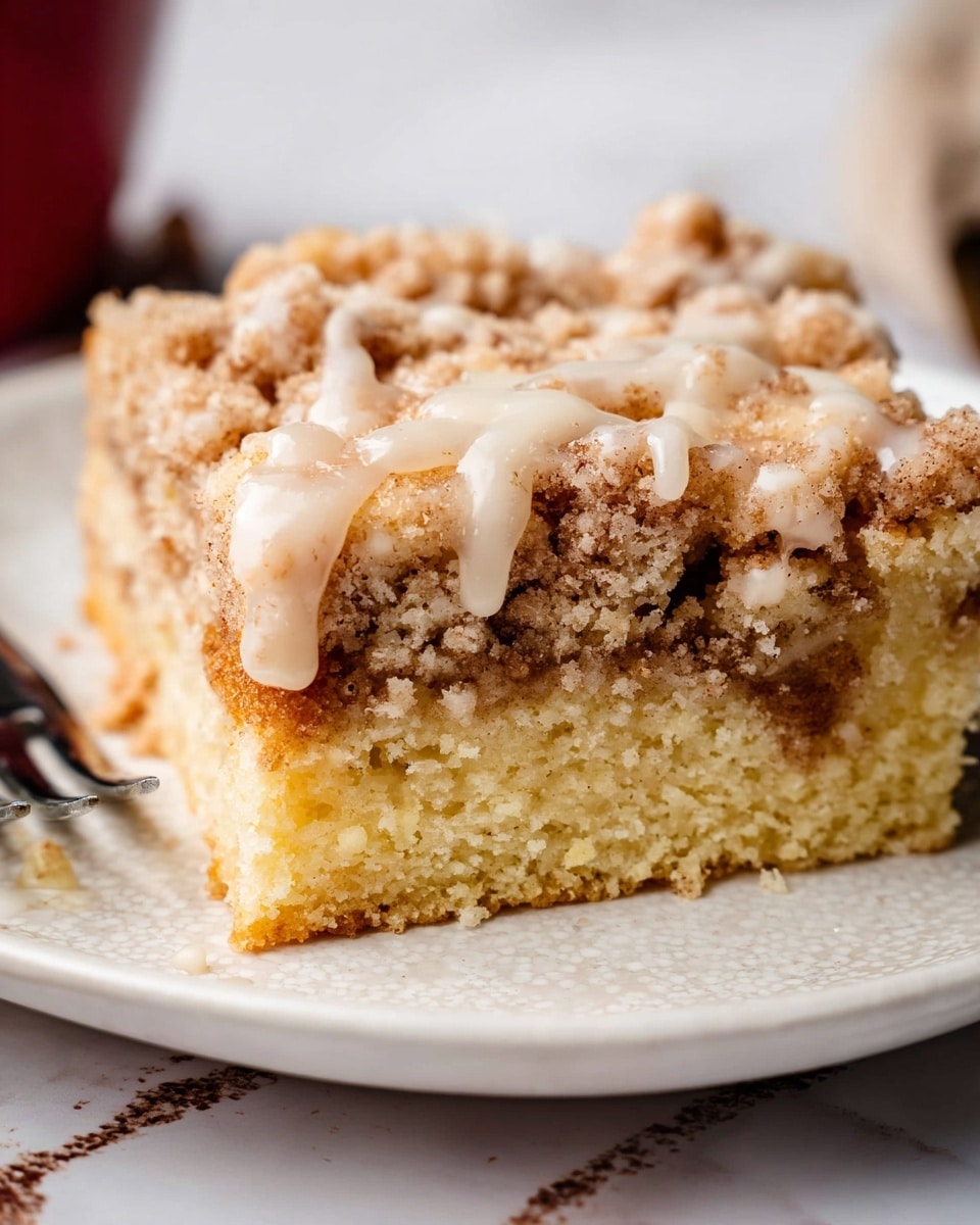 A close-up of a crumb cake slice with three layers on a white plate; the bottom layer is a light golden, slightly browned cake base, the middle layer is a moist, slightly darker filling with a cinnamon color, and the top layer is a thick crumbly streusel with a mix of light brown and cream colors, drizzled with a light white glaze that pools slightly on the plate. In the background, a silver fork lies beside the cake on a white marbled surface, with soft warm lighting enhancing the textures. Photo taken with an iphone --ar 4:5 --v 7