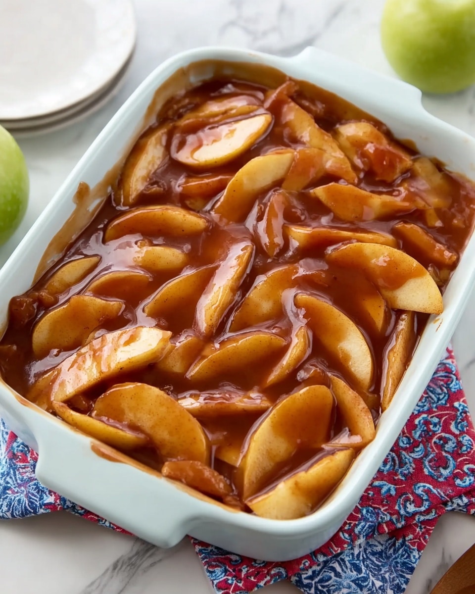 A white rectangular baking dish filled with several layers of thick, golden-brown apple slices coated evenly in a glossy, rich cinnamon sauce. The apple slices are soft and shiny, each piece showing a slight curve with smooth edges, tightly packed into the dish. The dish rests on a white marbled surface with a folded cloth underneath featuring blue and red patterns, giving the scene a warm, homey feel. The light reflects off the sauce, highlighting its smooth texture and warm tones. Photo taken with an iphone --ar 4:5 --v 7