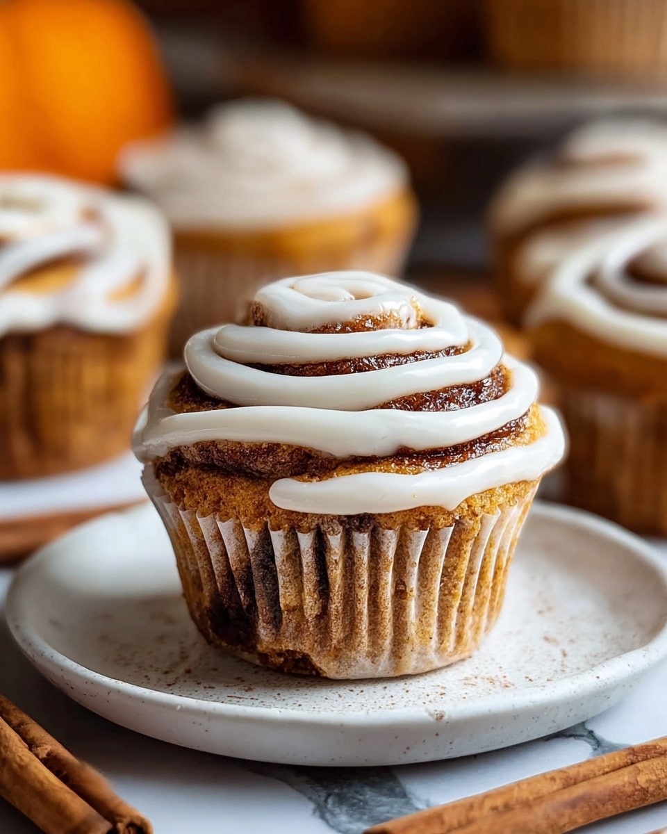 The image shows several cinnamon roll muffins on a white plate placed on a white marbled surface. Each muffin has one main layer of golden brown dough mixed with darker cinnamon swirls that create a spiral pattern on top. A thick layer of creamy white icing is drizzled over the top of each muffin, gently sliding down the sides. The muffins are sprinkled lightly with cinnamon powder, adding a warm touch to their textured tops. The background features soft-focused pumpkins and cinnamon sticks, emphasizing a cozy autumn feel. Photo taken with an iphone --ar 4:5 --v 7
