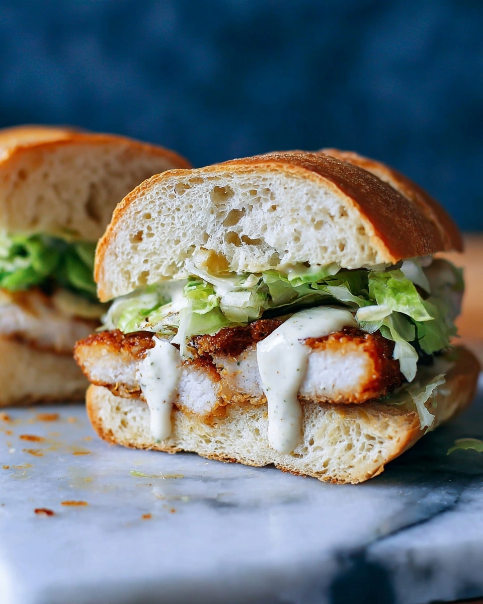 The image shows a sandwich sliced in half with two visible layers inside a white crusty bun: the bottom layer is a golden brown fried chicken fillet with a crispy texture, and above it is a green leafy lettuce. On top of the chicken, thick white sauce drips down, adding a creamy texture. The sandwich is placed on a white round plate, which sits on a wooden cutting board with a handle, all set against a white marbled surface and a blurred blue background. Photo taken with an iphone --ar 4:5 --v 7