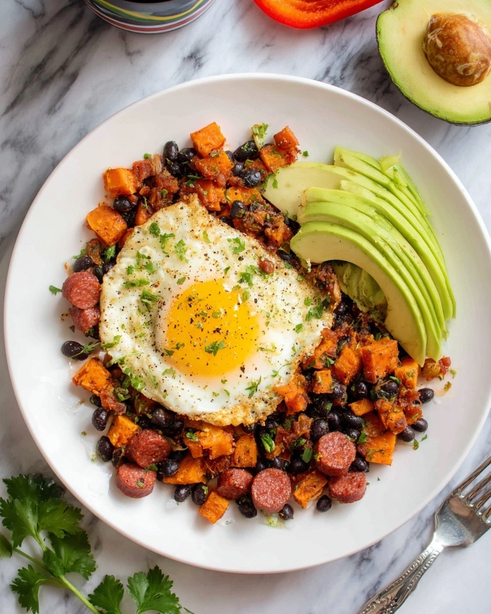 The dish is served on a white plate on a white marbled surface, featuring one fried egg with a bright yellow yolk in the center. Surrounding the egg are small browned cubes of sweet potatoes mixed with black beans and sliced pieces of browned sausage, all lightly sprinkled with green herbs. To the side of the egg and vegetables, there are thin, light green slices of avocado, also sprinkled with herbs, arranged neatly next to the sausage and sweet potatoes mixture. A silver fork rests on the plate at the right edge. Photo taken with an iphone --ar 4:5 --v 7