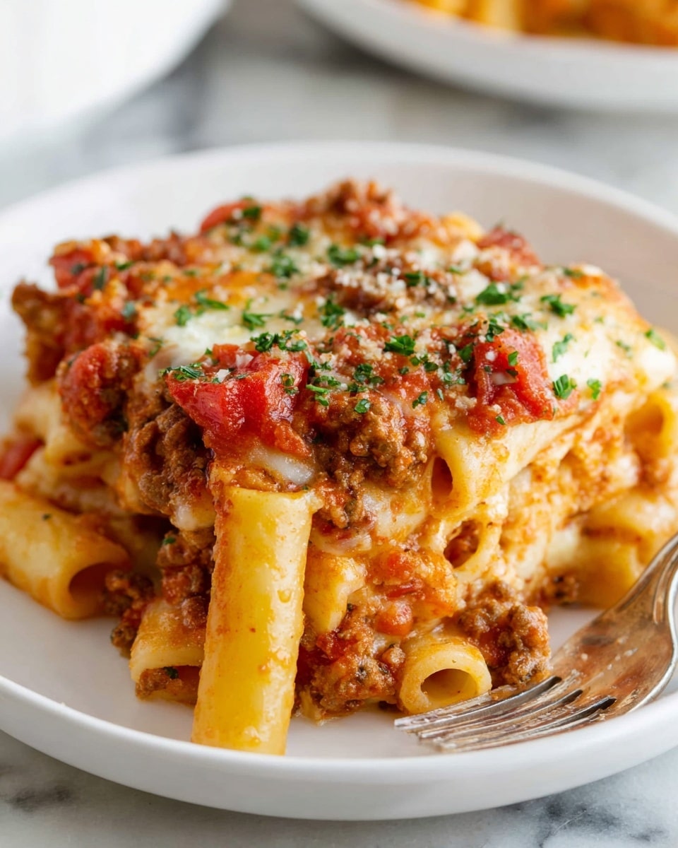 A serving of baked ziti is shown on a white plate with a stack of two plates beneath it, all on a white marbled surface. The dish has three main layers: at the bottom, ziti pasta mixed with a reddish tomato sauce that includes small chunks of cooked meat, giving the pasta an orange-red color with a slightly saucy texture; the middle has bits of melted cheese, both white and slightly golden, blending with the pasta; the top layer is a dollop of creamy white cheese, smooth and thick, sprinkled with small pieces of fresh green herbs. In the background, a white baking dish with more baked ziti and a whole red tomato on a green cloth are visible. Photo taken with an iphone --ar 4:5 --v 7
