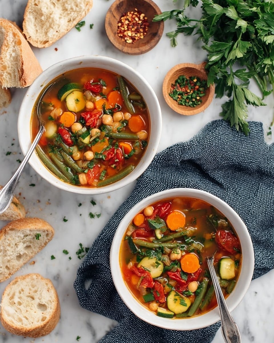 Two white bowls are filled with clear vegetable soup resting on a white marbled surface. Each bowl contains a colorful mix of ingredients in a warm broth, with visible layers including bright orange carrot slices, green beans cut into pieces, pale yellow chickpeas, green zucchini cubes, and halved red cherry tomatoes. One bowl sits directly on the marble, while the other is placed on a dark blue knit cloth and a blue and white checkered napkin. Silver spoons with ornate handles are inside each bowl. Around the bowls are slices of crusty bread, small wooden dishes holding red pepper flakes and chopped fresh parsley, and sprigs of fresh green herbs. Photo taken with an iphone --ar 4:5 --v 7