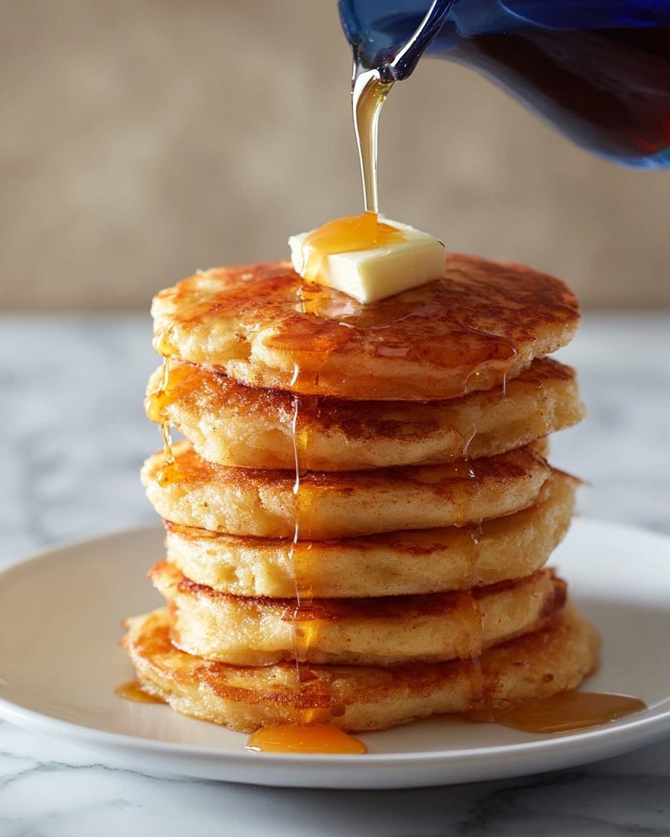 A stack of seven thick, golden brown pancakes sits in the center of a white plate on a wooden table with folded cloth napkins in front. The pancakes have a slightly uneven texture, showing a homemade style, and a pat of melting butter rests on top while syrup glistens over the sides. In the background, a blue cup is slightly blurred against a plain grey wall, and the whole scene is softly lit. The surface beneath the plate has a white marbled texture. Photo taken with an iphone --ar 4:5 --v 7