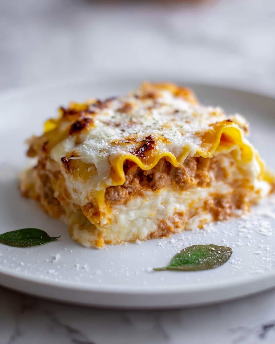 A single thick slice of lasagna on a white plate shows several layers: the bottom layer is a creamy white sauce, followed by a layer of ruffled yellow pasta, a rich orange meat sauce, and more creamy white sauce on top, slightly browned with melted cheese and a sprinkle of grated cheese. A small green leaf sits on top for garnish and another one is on the plate. The plate is set on a white marbled surface. photo taken with an iphone --ar 4:5 --v 7