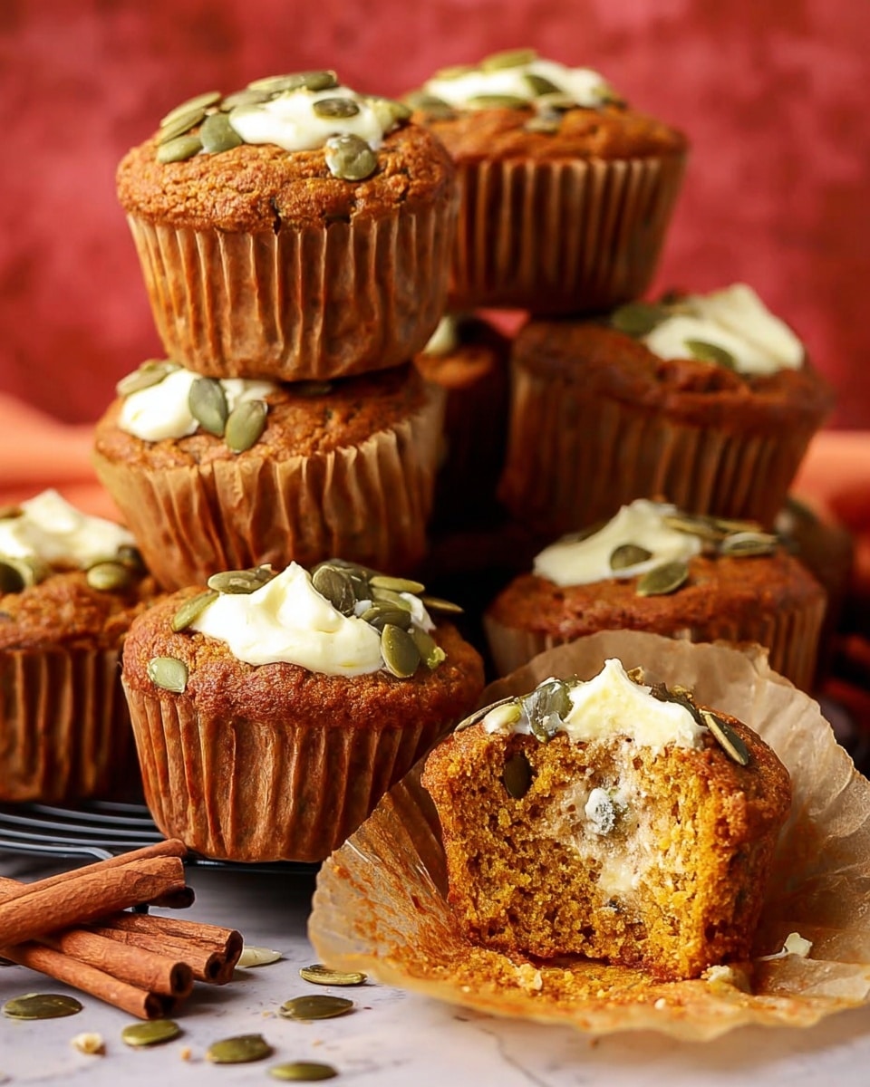 The image shows a pile of orange-brown muffins with white creamy filling on top, some sprinkled with green pumpkin seeds. One muffin is broken in half in the front, showing the soft, moist inside with the white filling in the center. The muffins have a slightly rough texture and are wrapped in light brown paper liners. Around the muffins, there are a few green pumpkin seeds scattered and a couple of cinnamon sticks placed on a white marbled surface. The background is blurred with warm reddish tones, and the muffin stack looks cozy and inviting. photo taken with an iphone --ar 4:5 --v 7