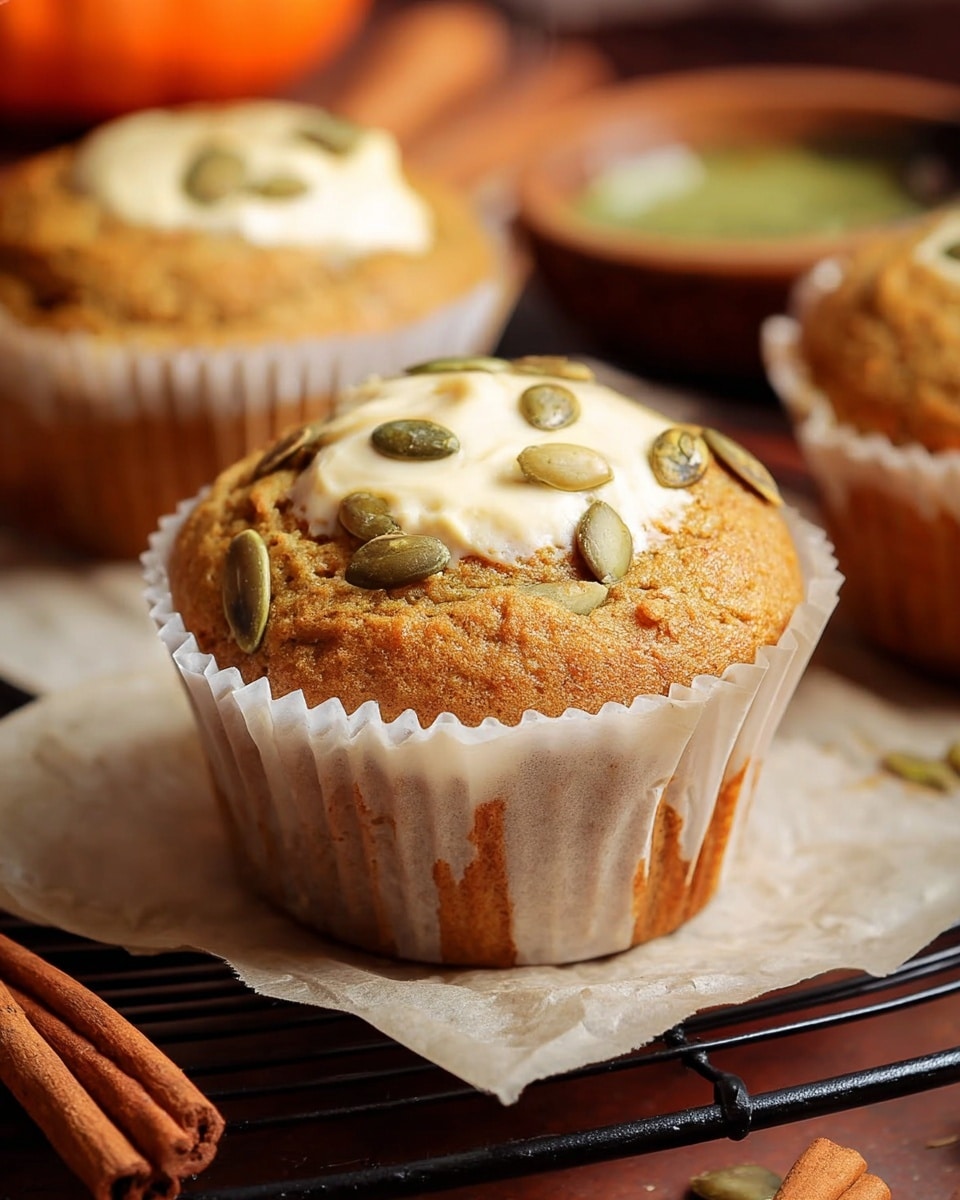 A close-up of a pumpkin muffin placed on a white paper liner with the edges spread out, showing the muffin's rich golden-brown color and soft texture. On top of the muffin is a dollop of creamy white frosting in the center, surrounded by scattered green pumpkin seeds and some chopped nuts. The muffin is set on a black wire cooling rack over a white marbled surface, with more muffins blurred in the background along with cinnamon sticks and a small bowl of green seeds. The lighting highlights the warm tones of the muffin and the smoothness of the frosting in a cozy setting. photo taken with an iphone --ar 4:5 --v 7