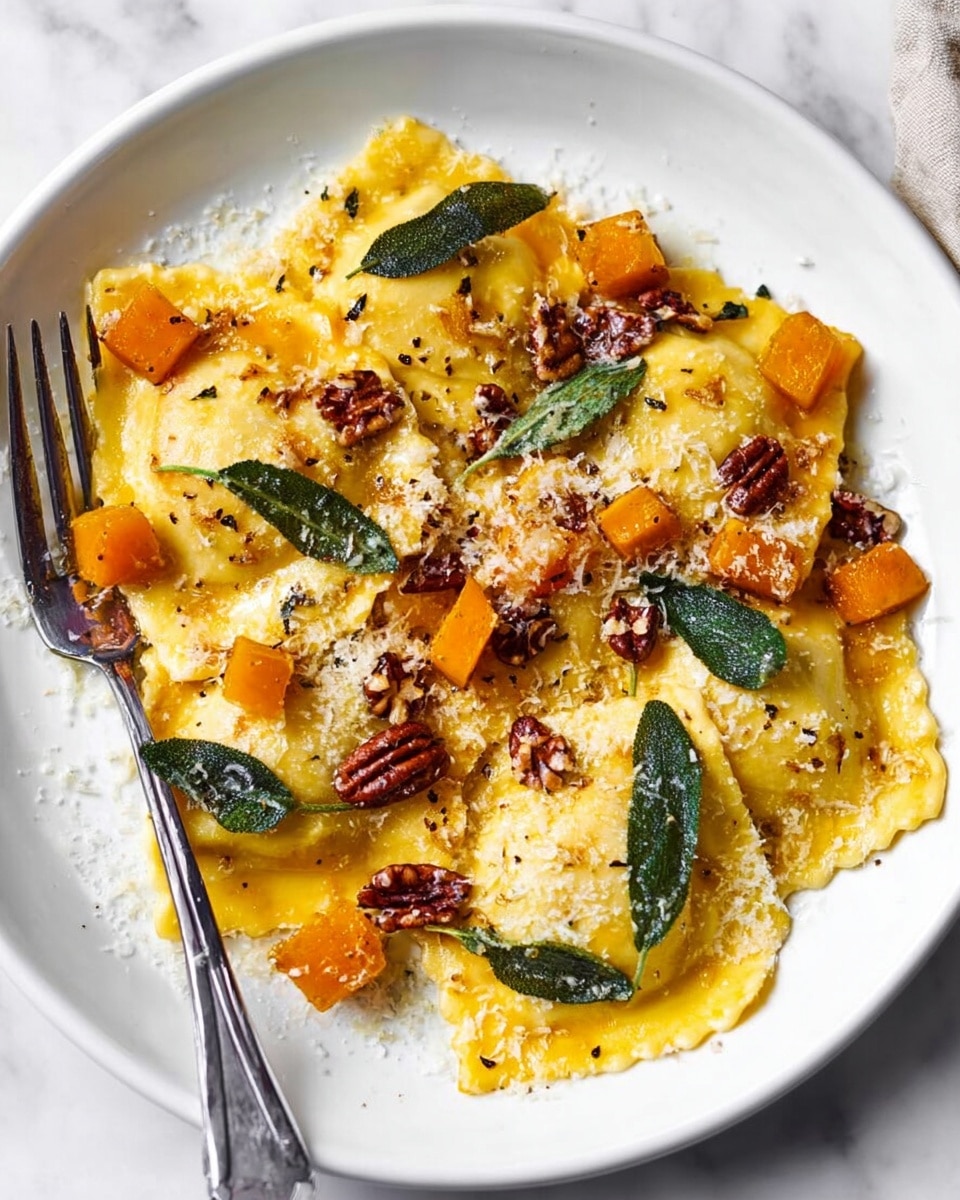 A white plate with five ravioli pieces layered evenly, each ravioli pale yellow with a soft texture and ruffled edges. Scattered on top and around are small orange cubes of butternut squash, along with toasted brown pecan pieces adding texture and crunch. Dark green fried sage leaves lay across the ravioli, adding contrast in color. The whole dish is lightly sprinkled with grated white cheese and black pepper. A silver fork rests on the left side of the plate on a white marbled surface. photo taken with an iphone --ar 4:5 --v 7