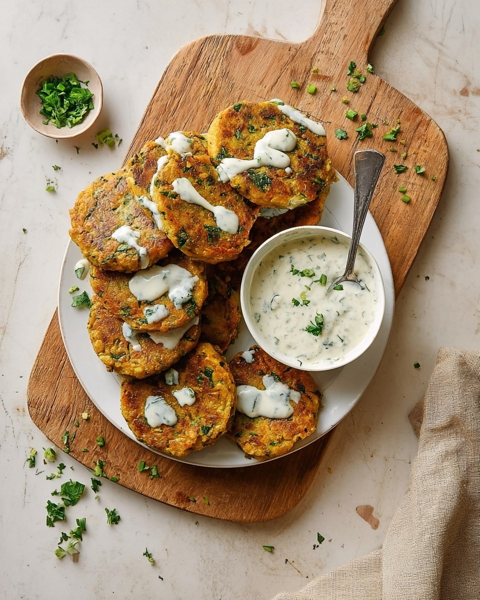 The image shows a white plate with six golden-brown flat cakes that have a rough texture, slightly crispy edges, and green herbs mixed inside. The flat cakes are spread out to cover most of the plate’s surface. White sauce is drizzled over the flat cakes and some fresh chopped green herbs are sprinkled on top. On the right side of the plate, there is a small white bowl filled with creamy white sauce containing small green herb pieces, and a silver spoon is placed inside the bowl. The plate is placed on a wooden cutting board with rustic marks, which rests on a white marbled surface. Around the cutting board, scattered chopped green herbs add more color. The photo taken with an iphone --ar 4:5 --v 7