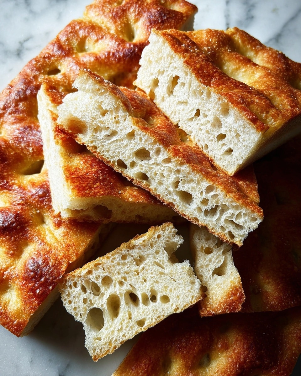 The image shows many pieces of bread stacked together. The bread has two main parts: the crust, which is golden brown and crispy with some shiny spots and salt crystals, and the inside, which is white and full of small and medium holes, looking soft and airy. The pieces are cut into rectangular shapes with some thicker square pieces on top. The bread texture is rough on the outside and spongy on the inside. The background is a white marbled texture. photo taken with an iphone --ar 4:5 --v 7