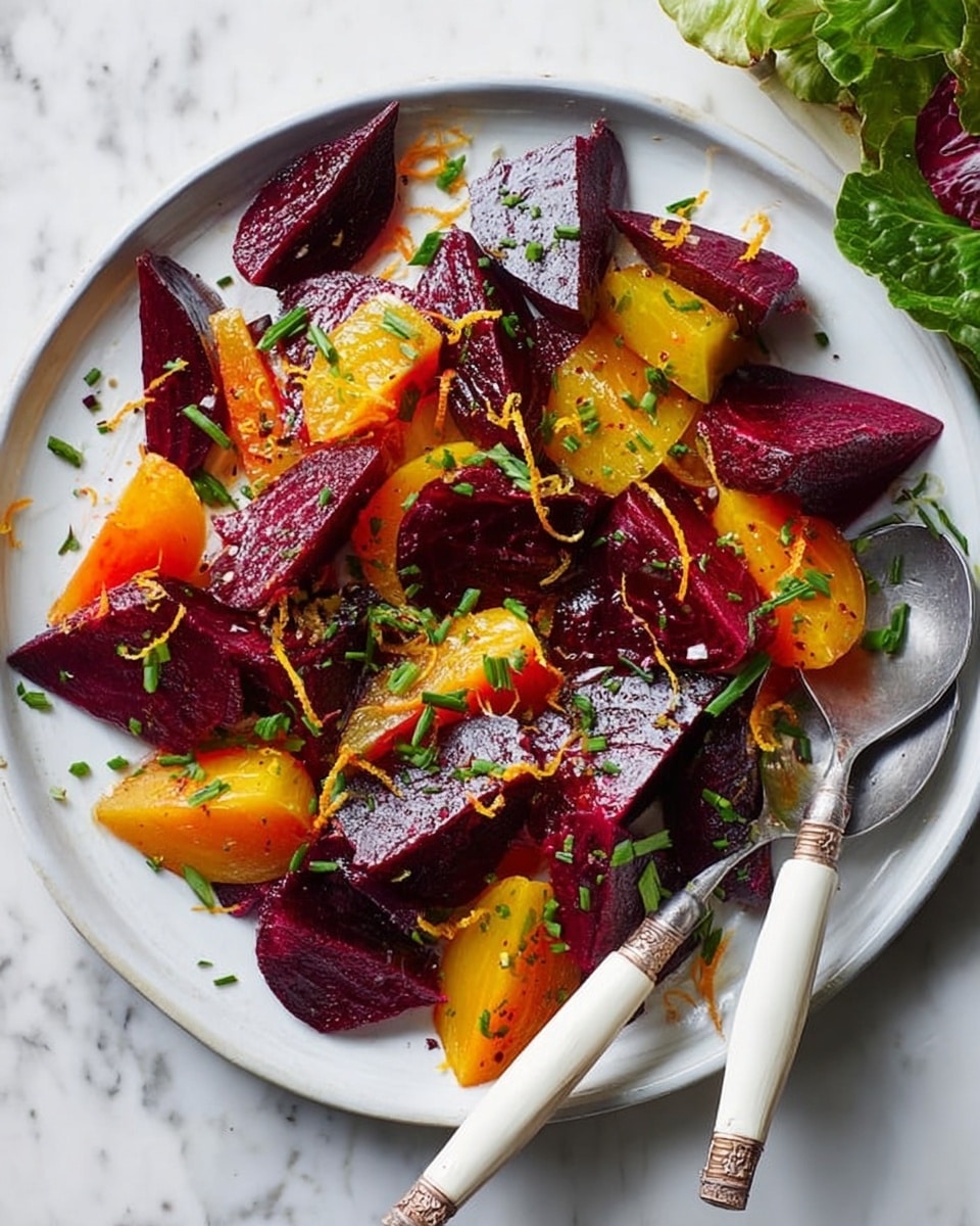 A white oval plate holds a mix of cubed roasted beets in two colors: deep red and bright golden yellow, each piece showing a slightly glossy texture from roasting. The beets are cut into uneven, chunky cubes, some pieces showing natural beet grooves and a matte finish. On top of the beets lie a few fresh green thyme sprigs scattered naturally. The plate rests on a white marbled surface with a vintage silver spoon nearby and a pair of salt and pepper shakers in the upper left corner. The image is bright and clean with soft, natural lighting emphasizing the rich colors of the beets. Photo taken with an iphone --ar 4:5 --v 7