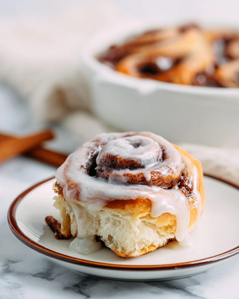 A close-up of a cinnamon roll with three visible layers, the bottom layer is a soft, light golden-brown dough with a fluffy texture, the middle layer is a thick swirl of dark brown cinnamon filling, and the top layer is a creamy white glaze drizzled unevenly, some parts melting into the cinnamon, placed on a white plate with a faint speckled pattern on a white marbled surface; in the background, a woman’s hand slightly blurred holds a white bowl filled with more cinnamon rolls, and two cinnamon sticks lie nearby. photo taken with an iphone --ar 4:5 --v 7