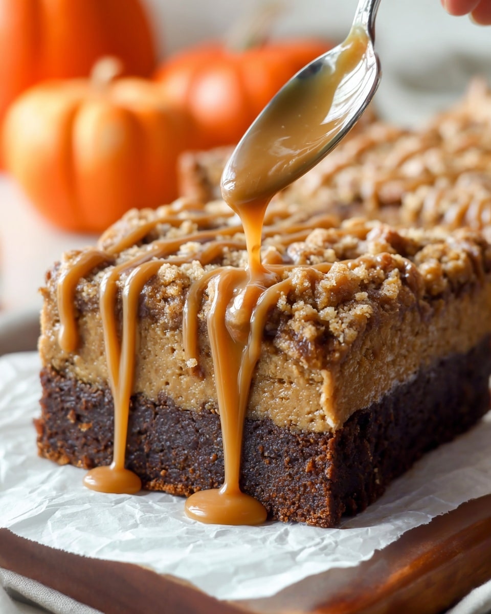 A close-up view of a square-shaped crumb cake with a thick, crumbly, light brown streusel layer on top and a darker brown cake layer underneath. A woman's hand is seen holding a spoon above the cake, slowly pouring a smooth, caramel-colored sauce that drizzles down the sides and over the crumbly top. The cake sits on white parchment paper on a white marbled surface, creating a clean, bright background with some small pumpkins blurred in the warmth behind. photo taken with an iphone --ar 4:5 --v 7