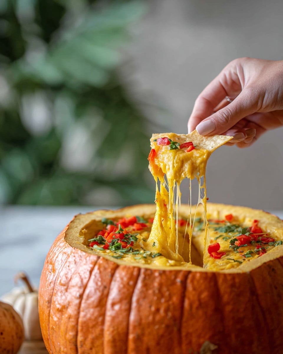 A hollowed-out orange pumpkin filled with a thick layer of melted yellow cheese mixed with green herbs and topped with slices of red chili or bell pepper, from which a woman's hand is lifting a tortilla chip coated in a stretchy layer of melted cheese that drips back into the pumpkin, all set against a white marbled surface with soft-focus green and neutral background tones, photo taken with an iphone --ar 4:5 --v 7