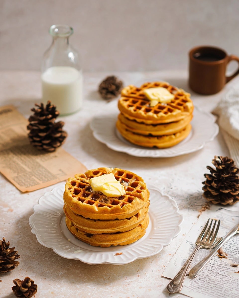 A stack of seven golden brown waffles is centered on a white fluted edge plate, topped with a single square of light yellow butter. Behind it, there is another shorter stack of waffles with a similar butter piece, placed on two white plates with fluted edges. To the left, a small glass bottle of milk and a brown coffee mug sit on a white marbled surface. Scattered around are torn pieces of paper with text, two pine cones, and two vintage silver forks. The whole scene is set against a soft white marbled background with warm lighting. Photo taken with an iphone --ar 4:5 --v 7