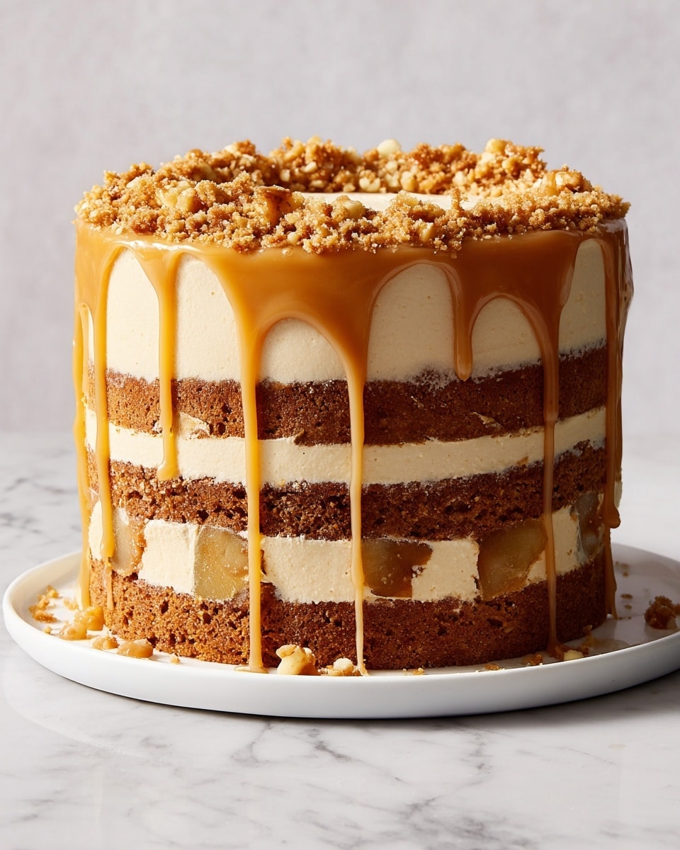 A tall round cake sits on a white plate with three visible thick brown cake layers. Between each cake layer, there are two layers of light beige cream filling that also contains small chunks of fruit. The outside of the cake is covered with smooth light beige frosting. Caramel sauce drips down the sides in shiny golden streams. The top of the cake is sprinkled with a crumbly brown topping. The cake is set against a white marbled background. Photo taken with an iphone --ar 4:5 --v 7