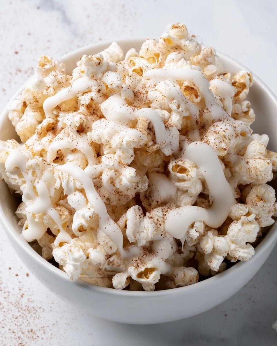 The image shows a close-up of caramel popcorn spread evenly on white parchment paper placed on a white marbled surface. Each popcorn piece is golden brown with a shiny caramel coating, and many have thin, irregular white icing drizzles on top. The popcorn layer is thick and covers the surface fully, giving a textured look with light and shadow highlighting the caramel's smooth shine and the icing's matte finish. photo taken with an iphone --ar 4:5 --v 7