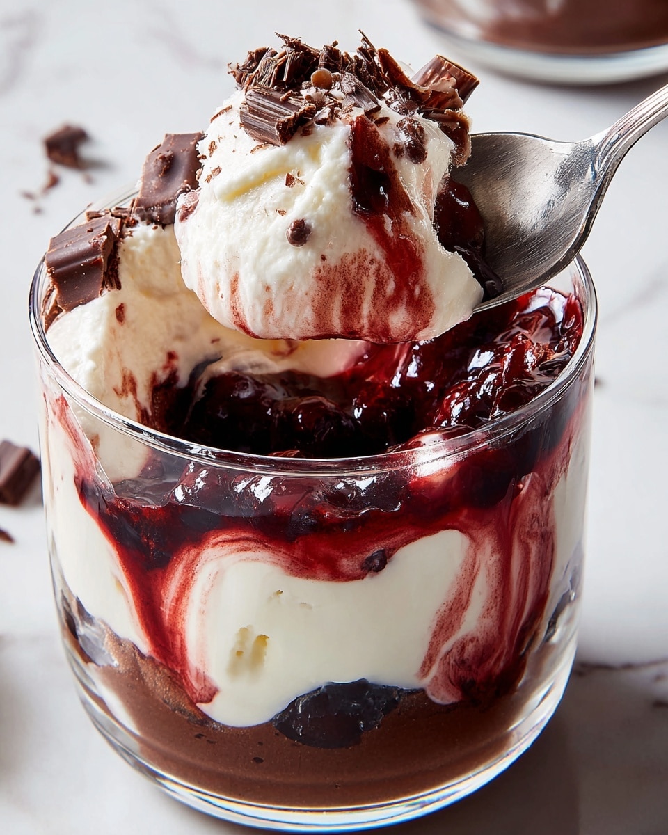 The image shows a clear glass filled with five visible layers of dessert. From the bottom, the first layer is dark brown moist cake, topped by a bright red and white swirled berry sauce mixed with cream. Above this is a thick smooth layer of rich chocolate mousse. Next is a chunky layer of dark cake mixed with white cream. On top of it is a bright red fruit sauce, crowned by a thick layer of whipped cream with chocolate curls scattered over it. The glass sits on a white marbled surface with some chocolate curls around and a silver spoon in front. Photo taken with an iphone --ar 4:5 --v 7