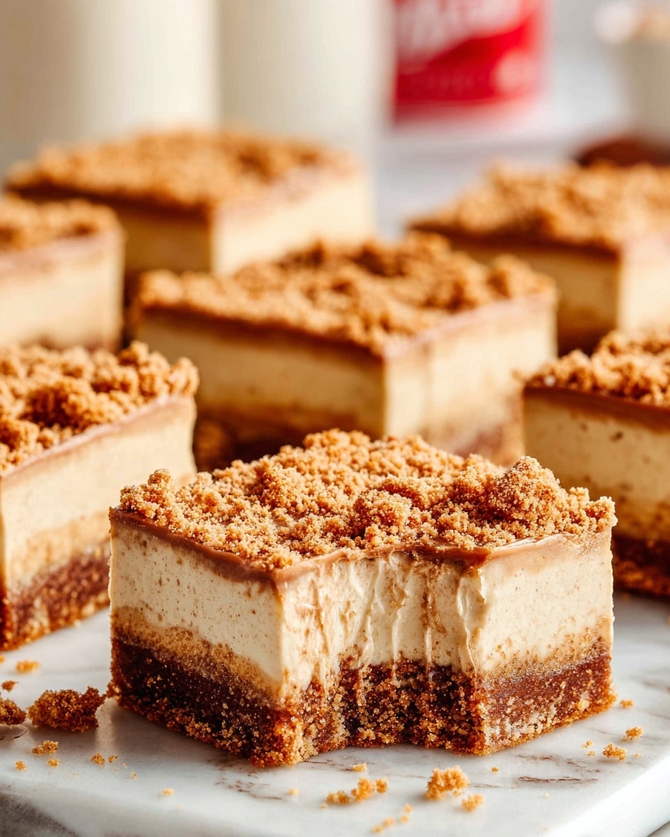 The image shows 12 square dessert bars arranged closely on a white marbled surface. Each bar has two layers: a light golden-brown thick bottom layer and a thinner top layer of smooth caramel sauce that drips slightly down the sides. The caramel layer is shiny and topped with small crumbly tan-colored sprinkles, giving a textured contrast. The bars are cut evenly, and the caramel sheen reflects light, making the dessert look moist and rich. Photo taken with an iphone --ar 4:5 --v 7