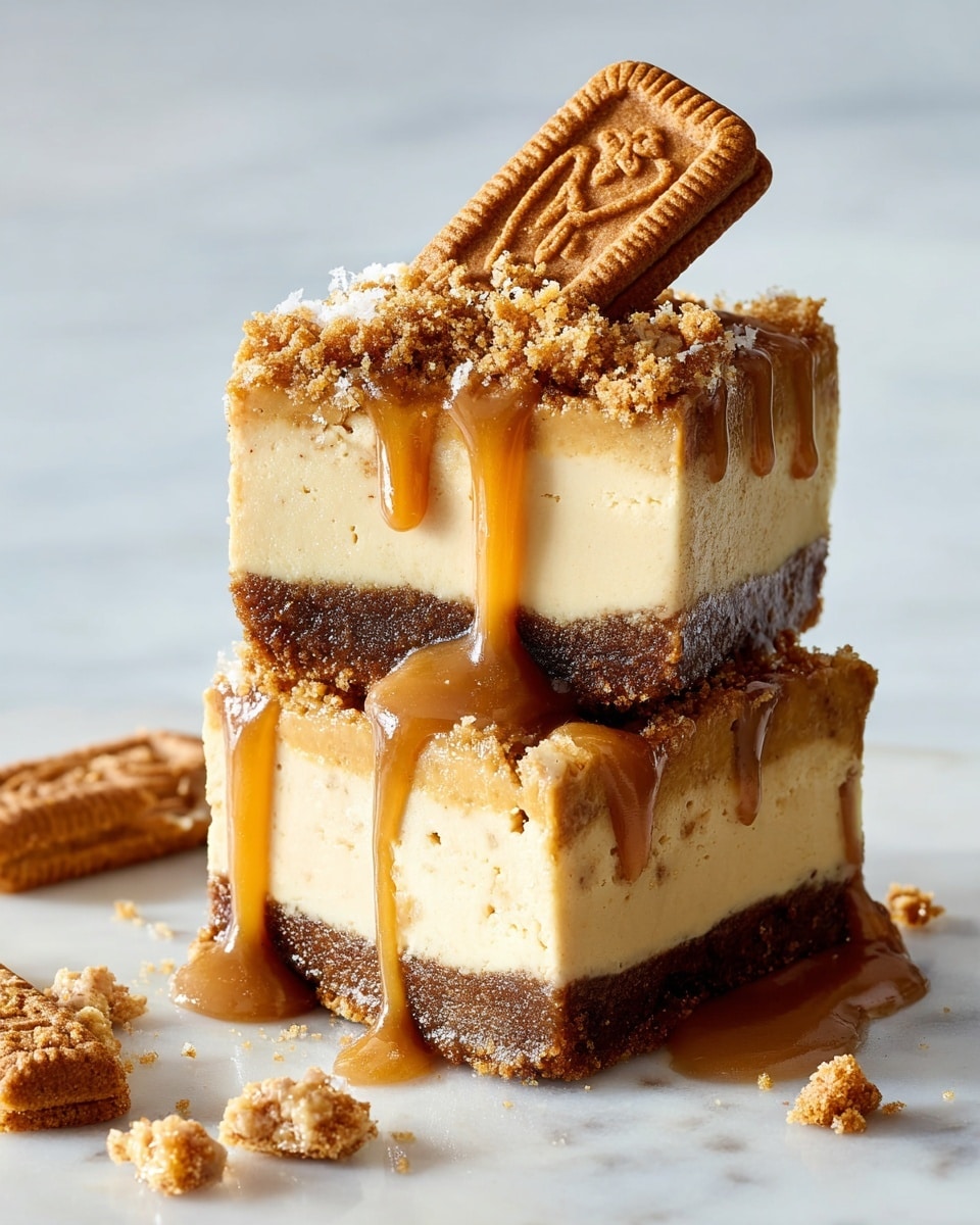 This is a close-up of multiple square dessert bars with three clear layers. The bottom layer is a dark brown, crumbly crust made from crushed cookies, rough in texture and slightly thick. The middle layer is a pale beige cheesecake filling that looks smooth and dense with a creamy texture. The top layer is a light brown, smooth frosting with a matte finish, evenly spread, and sprinkled with fine, crumbly cookie bits matching the color of the crust. One bar in the front has a bite taken out, showing the middle layer's creamy texture more clearly. They sit on a white marbled surface. Photo taken with an iphone --ar 4:5 --v 7