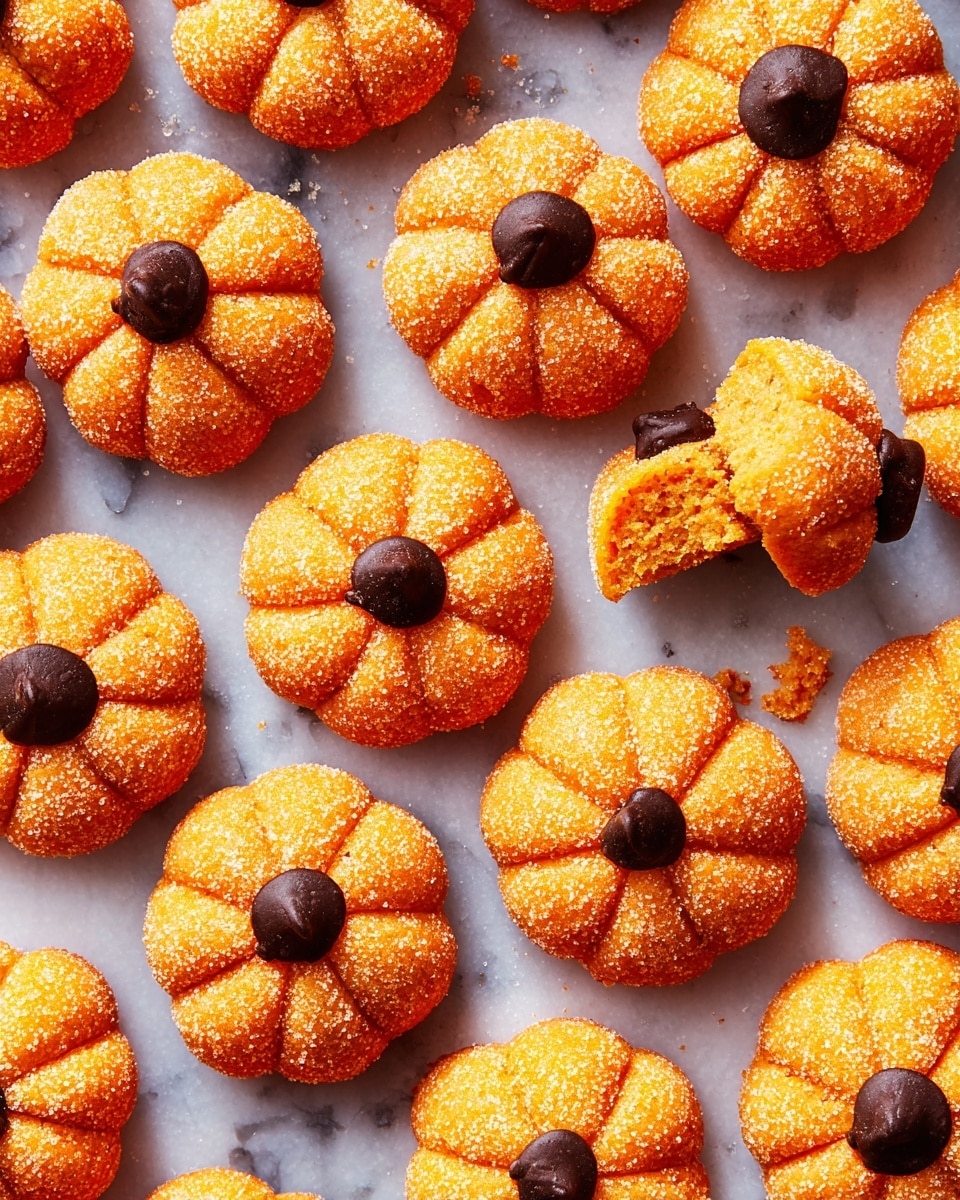 The image shows one round pastry shaped like a small pumpkin with deep grooves dividing it into thick sections. The pastry surface is covered in large orange sugar crystals giving it a rough, sparkling texture. At the top center, there is a small dollop of dark brown chocolate, mimicking a pumpkin stem. The pastry sits directly on a white marbled surface with a soft gray background. photo taken with an iphone --ar 4:5 --v 7