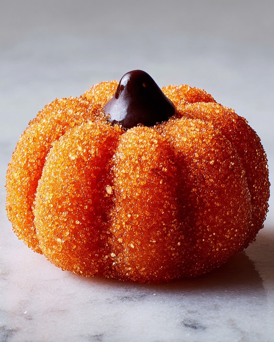 The image shows many small pumpkin-shaped cookies on a white marbled surface. Each cookie is orange with a rough, sugar-coated texture and has lines carved from the edges toward the center to form the pumpkin segments. In the middle of each cookie, there is a small round dark chocolate piece acting as the pumpkin stem. One cookie is broken in half, revealing a soft, light orange inside with a small piece of dark chocolate embedded near the top. The cookies are arranged close together with some crumbs scattered around. photo taken with an iphone --ar 4:5 --v 7