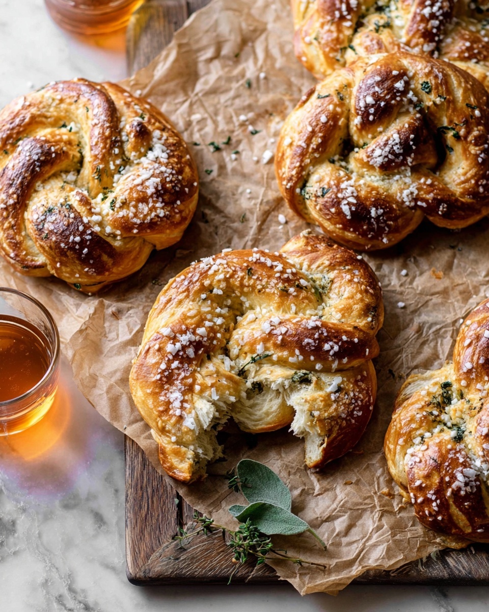 The image shows several soft, round bread rolls on a piece of brown parchment paper placed on a wooden board with a white marbled background. Each roll is golden brown with a shiny, slightly crisp crust sprinkled with white coarse salt. The rolls have a twisted shape showing a textured, fluffy inside with visible bits of green herbs inside the bread dough. One roll is torn open revealing its soft, airy layers. A small sprig of green herb lies near the rolls and a clear glass with amber liquid is partially visible on the left side. Photo taken with an iphone --ar 4:5 --v 7