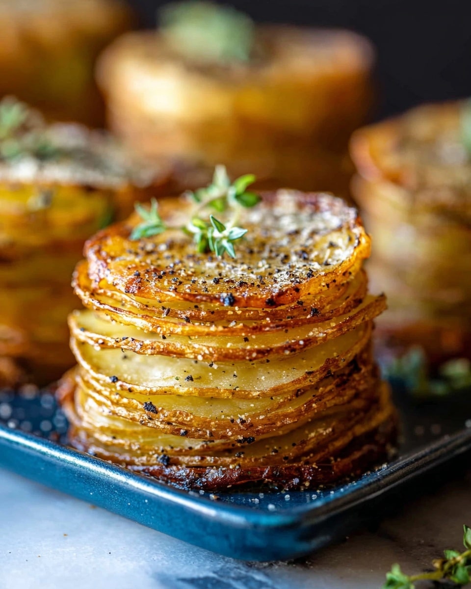 The image shows a close-up of two golden-brown layered potato stacks placed on a white plate with a white marbled surface underneath. Each stack contains many thin, crispy potato layers, slightly curled and cooked to a deep golden color with small darker spots of seasoning throughout. The top layer is garnished with small, fresh green leaves adding a touch of color contrast. The stacks look crunchy and well-cooked, standing neatly one on top of the other with a soft background blur emphasizing the texture and detail of the potatoes. photo taken with an iphone --ar 4:5 --v 7