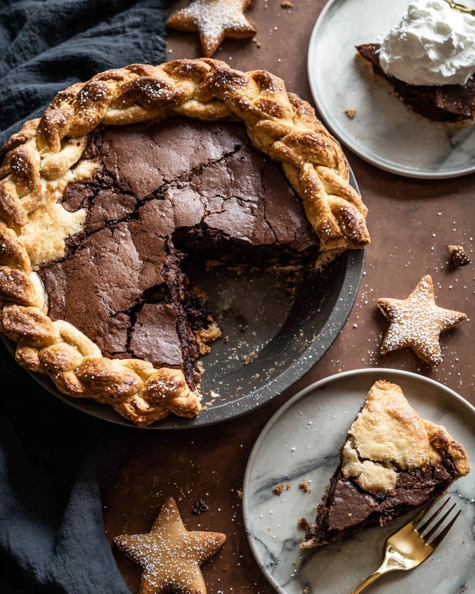 A round pie with a thick, braided golden-brown crust dusted lightly with sugar around the edge. Inside the crust is a flat, dark brown filling that looks slightly cracked and textured, almost like a baked chocolate or cocoa topping. The pie sits on a white marbled surface, with three small star-shaped cookies dusted with powdered sugar placed near the bottom right of the pie. To the left of the pie are three silver utensils and above the pie is a glass cup filled with dark liquid. A dark blue cloth is placed near the top right corner. photo taken with an iphone --ar 4:5 --v 7