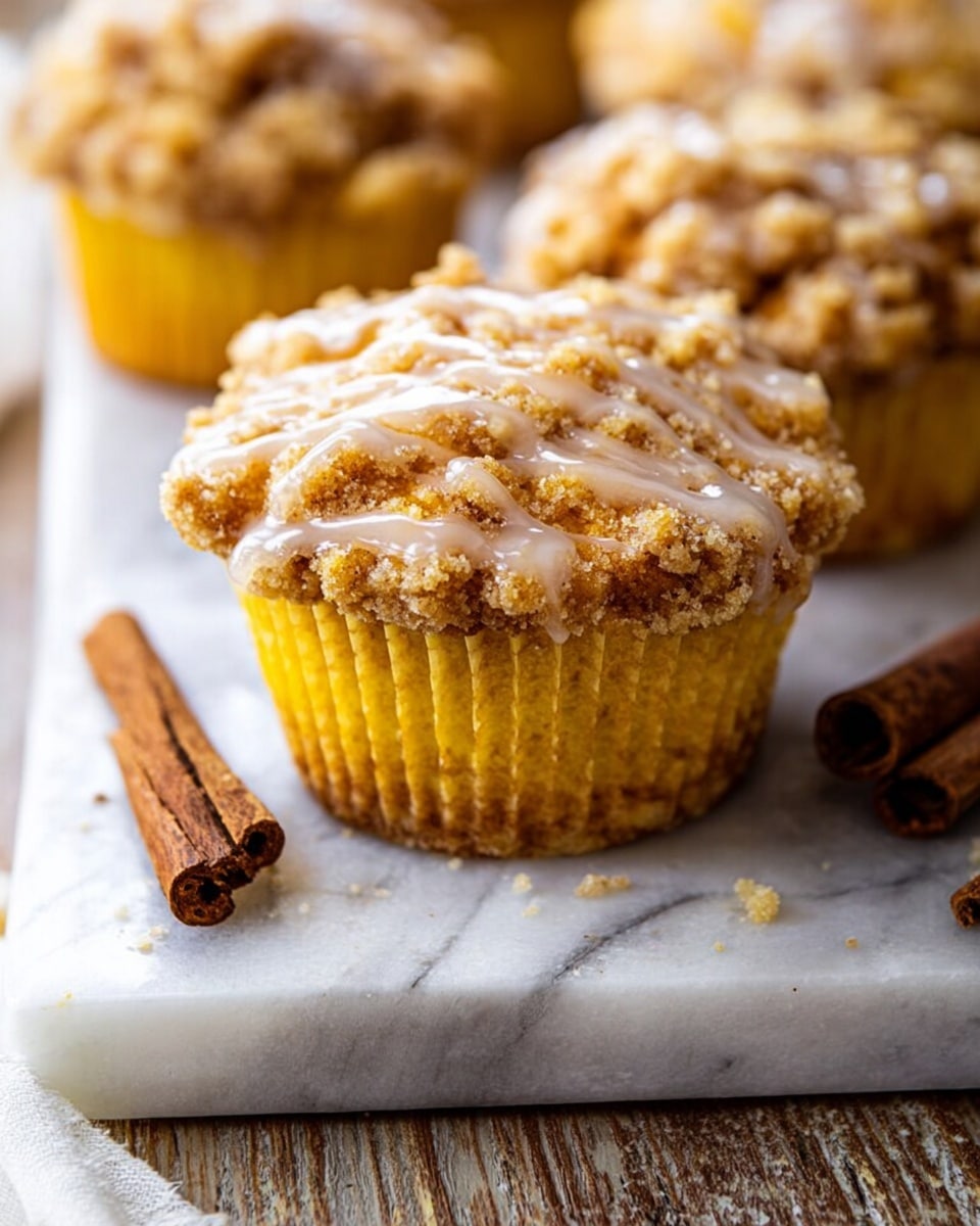 The image shows three crumb-topped muffins, with one muffin partially unwrapped to reveal a golden brown cake layer beneath a thick, crumbly streusel topping. The crumb layer is lumpy and textured, with a shiny glaze drizzled over the top, adding a slight gloss. The muffins sit on a white marbled surface, alongside two cinnamon sticks placed diagonally in front of the central muffin. The background is softly blurred, highlighting the muffins as the main focus. Photo taken with an iphone --ar 4:5 --v 7