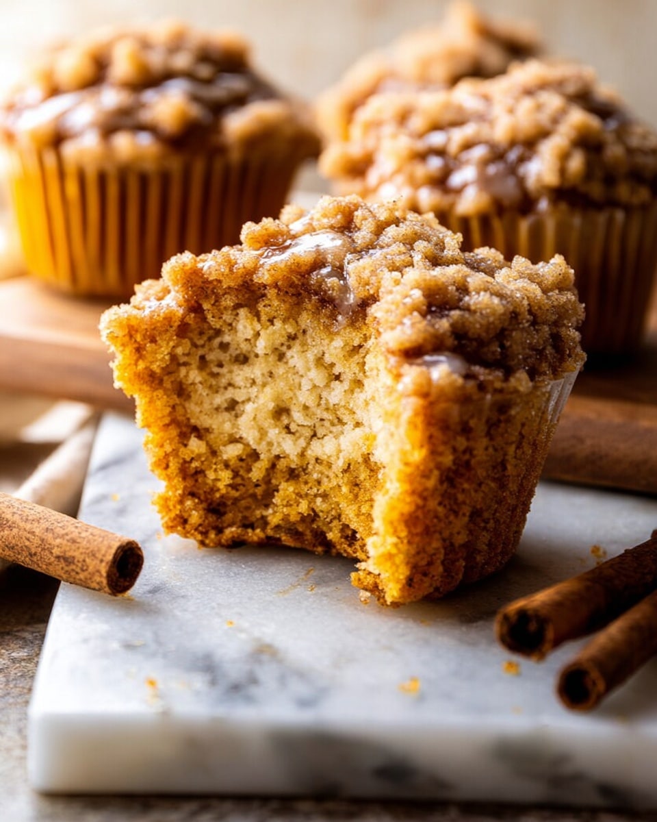 A close-up view of a single muffin broken in half with a crumbly, golden brown texture inside and a drizzle of glossy honey on top, showing its moist interior; the muffin has a crumb topping that is light brown and rough in texture. It is resting on a white marbled board along with two cinnamon sticks beside it, with more whole muffins blurred in the background on the same surface. Photo taken with an iphone --ar 4:5 --v 7