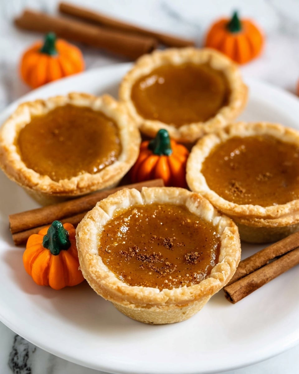 A close-up view of four mini pumpkin pies arranged on a white plate with a white marbled surface underneath. Each mini pie has a golden, flaky crust with a smooth, deep orange-brown pumpkin filling inside. One mini pie on top has a large dollop of white whipped cream adorned with a light dusting of cinnamon powder. Nearby, there are small orange pumpkin-shaped candies with green tops adding a festive touch around the pies. Photo taken with an iphone --ar 4:5 --v 7