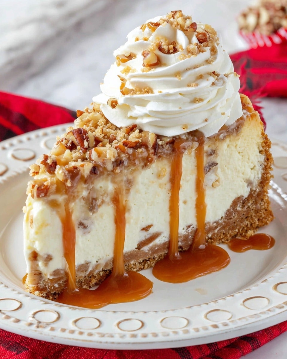 A slice of nut-filled cheesecake sits on a white marbled surface, showing three distinct layers: a thick, crumbly brown crust at the bottom, a creamy, pale beige cheesecake layer packed with chopped nuts in the middle, and a thick, white whipped cream layer on top. Golden caramel sauce is being poured over the top from a spoon, flowing down the sides in smooth, shiny streams. Additional chopped nuts are sprinkled on the whipped cream and scattered around the base of the cheesecake slice. Photo taken with an iphone --ar 4:5 --v 7