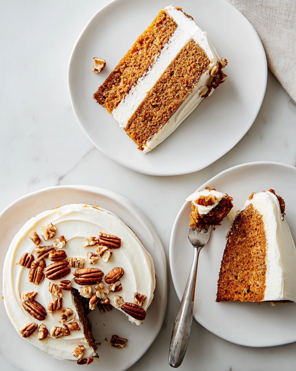 The image shows three slices of cake on white plates over a white marbled surface. Each slice has two thick layers of light brown cake separated by a thick layer of white cream, with cream spread smoothly on top. The top layer of cream is decorated with pecan pieces scattered on the surface and a few crumbs around the plates. One slice is whole, one slice is intact, and another slice is partially eaten with a fork resting on the plate. The texture of the cake layers looks soft and moist, while the cream is smooth and fluffy. Photo taken with an iphone --ar 4:5 --v 7