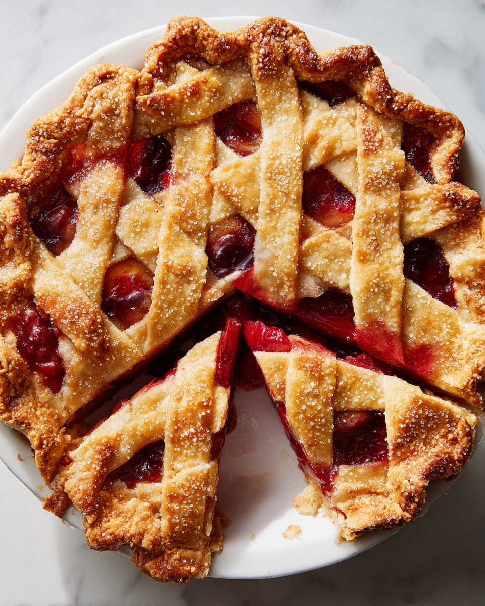 A round pie with a golden brown lattice crust on top showing thick strips of light tan pastry woven over a mix of bright red cherries and chunks of light orange fruit filling, with some shiny juice bubbling around the edges. The pie sits on a white plate resting on a beige cloth napkin, which lies on a white marbled surface. A stainless steel pie server is placed near the top right corner. photo taken with an iphone --ar 4:5 --v 7