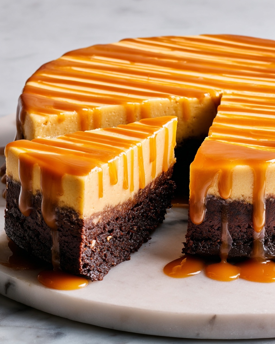 The image shows a round dessert with two layers: a thick dark brown base that looks dense and moist, and a thick orange top layer with a smooth, creamy texture. The orange layer is drizzled with a slightly darker caramel-colored sauce that flows gently down the sides. One slice is pulled out slightly from the rest of the round dessert, showing the clear difference between the two layers. The dessert is placed on a white marbled round board on a white marbled surface. Photo taken with an iphone --ar 4:5 --v 7