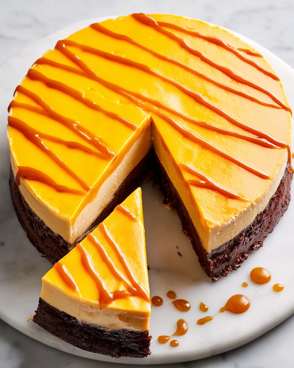 A slice of two-layered cake sits on a white plate with a silver fork next to it. The bottom layer is thick, dark brown, and looks dense and rich like a brownie. The top layer is thick, creamy, and light yellow with a smooth texture. The top has a thin, shiny golden crust, sprinkled slightly with sugar crystals. In the background, the whole cake with the same two layers is slightly blurred. The surface is a white marbled texture. photo taken with an iphone --ar 4:5 --v 7