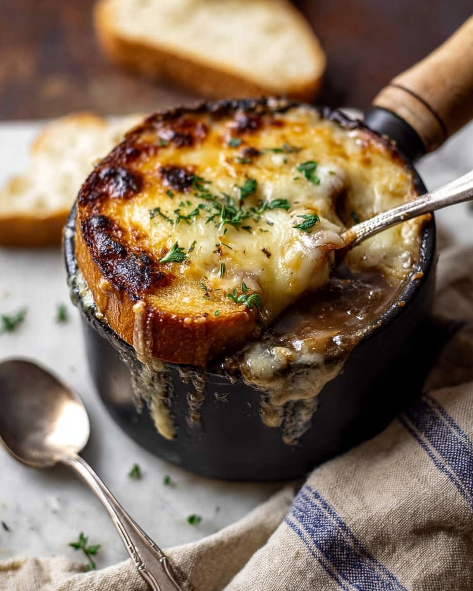 A close-up view of French onion soup in a black pot with a wooden handle, showing three visible layers: at the bottom, dark brown soup with floating onion bits; the middle layer is a thick, melted white cheese that stretches slightly over the pot edge; the top layer is a toasted golden-brown slice of bread with some darker charred spots, garnished with small fresh green thyme leaves. The pot sits on a folded beige cloth with navy blue stripes, on a warm brown wooden surface. A large silver spoon rests to the left of the pot, and in the blurred background, there is a white slice of bread and a small white bowl with more soup. Photo taken with an iphone --ar 4:5 --v 7