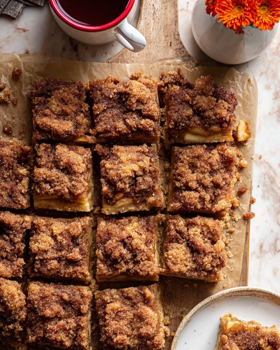 The image shows nine square brown dessert bars arranged in a close group, with a crumbly and slightly rough top layer that looks like a cinnamon sugar coating. The bars have a thick, dense texture with visible chunks of light tan mixed inside, suggesting pieces of fruit or nuts. The dessert is laid out on parchment paper with some crumbs scattered around. In the top right corner, there is a mug filled with orange flowers, and the background is a white marbled surface. photo taken with an iphone --ar 4:5 --v 7