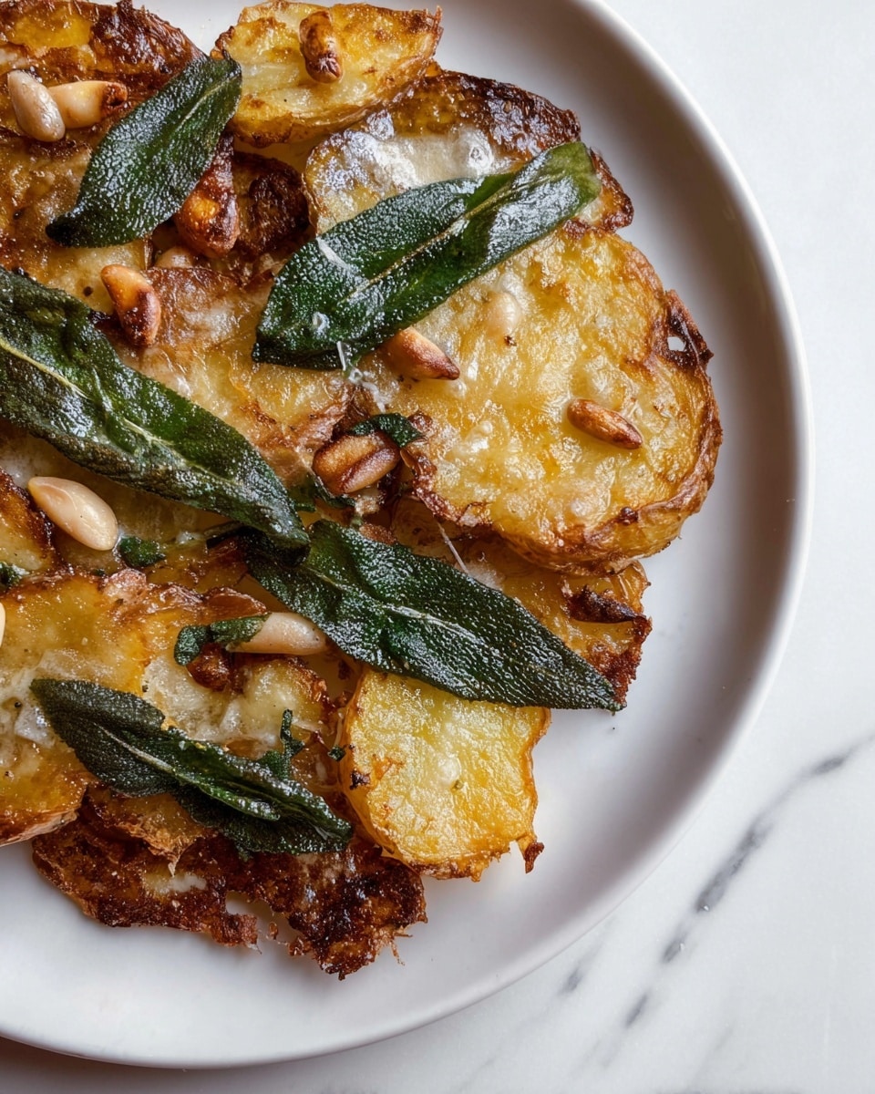 The dish shows a white plate with crispy smashed potatoes forming the base layer, golden brown with rough, cracked edges and soft yellow insides. On top of the potatoes are several large, dark green fried sage leaves, glossy with oil and slightly bubbly foam around them. Scattered across the top of the potatoes and sage leaves are small, light tan toasted pine nuts, adding crunchy texture. The plate sits on a white marbled surface. photo taken with an iphone --ar 4:5 --v 7