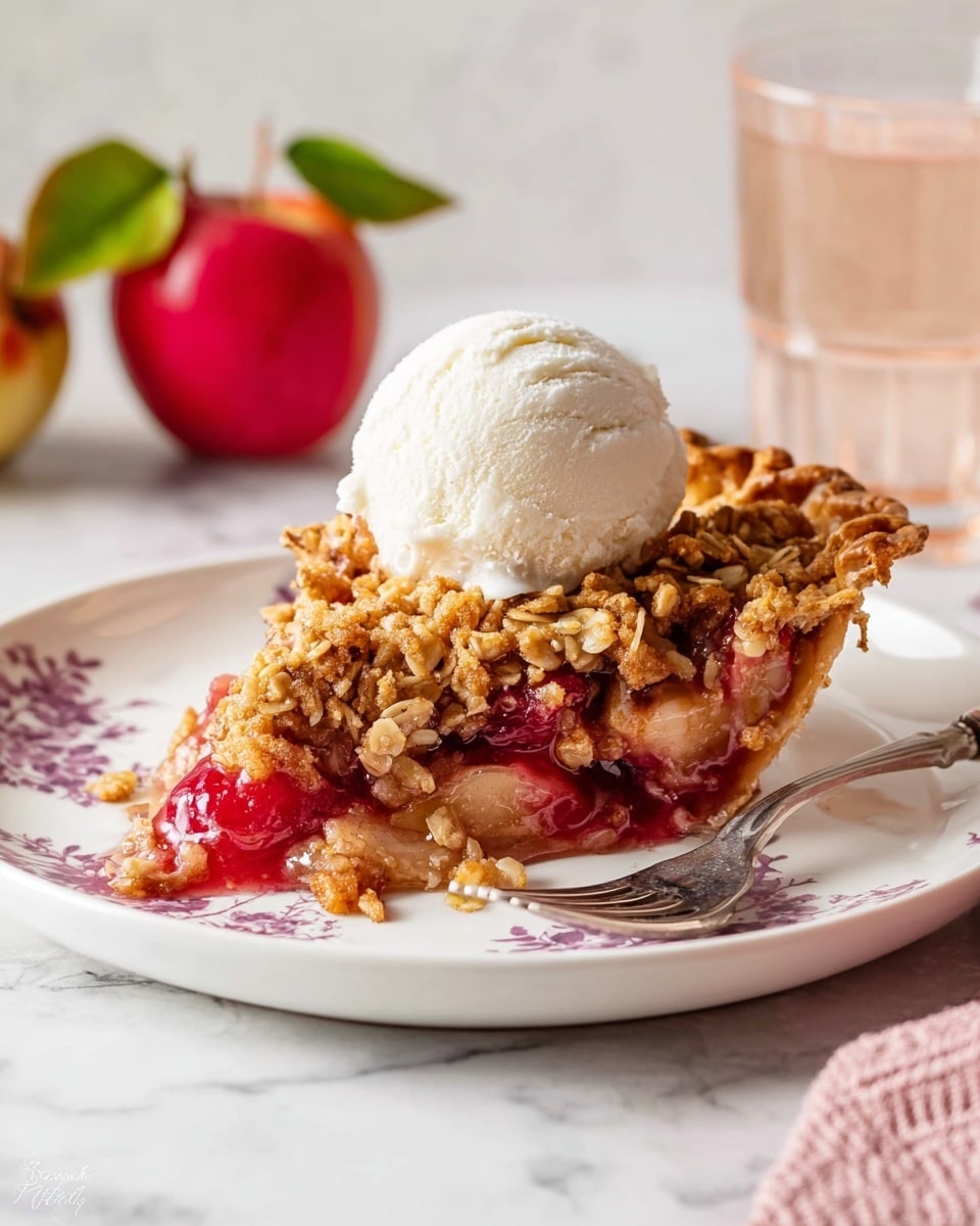 A slice of fruit pie sits on a white plate with a delicate floral pattern, placed on a white marbled surface. The pie has three main layers: a golden-brown thick crust folded over the edge, a filling of soft, cooked fruit pieces in warm tones of tan, red, and pink showing cherries and apples, and a crunchy oat streusel topping in light brown with visible oats. On top of the pie slice is a large scoop of smooth white ice cream beginning to melt slightly, blending with the crumbly topping. Nearby, a silver fork rests on the plate’s edge, and a soft peach cloth is partially in frame. In the background, a clear glass with a light pink liquid and a red apple with green leaves add to the cozy setting. Photo taken with an iphone --ar 4:5 --v 7